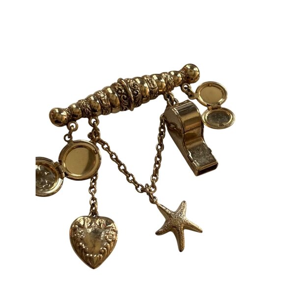 Vintage Gold-Tone Charm Brooch With Whistle Heart & Starfish Charms Pin Jewelry - Picture 1 of 9